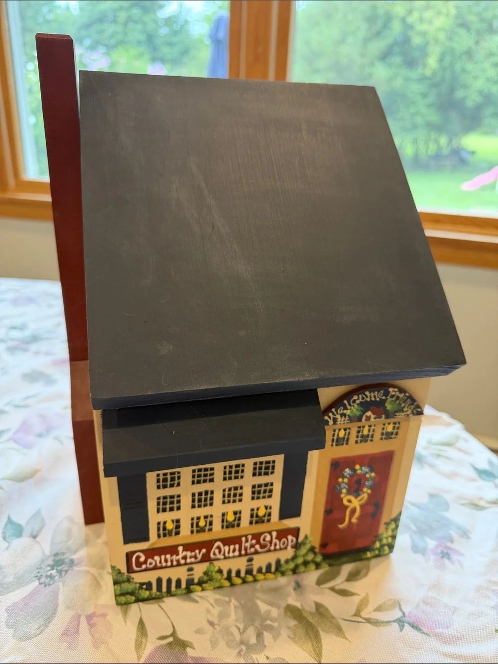 Hand-Painted Country Quilt Shop wooden box/ mailbox- Navy & Cream